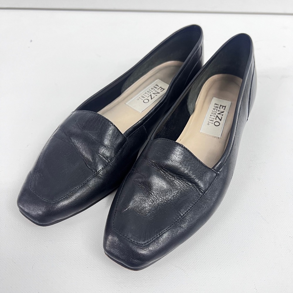Enzo Angiolini Womens Black Leather Square Toe Slip On Loafer Flats Size 8.5N